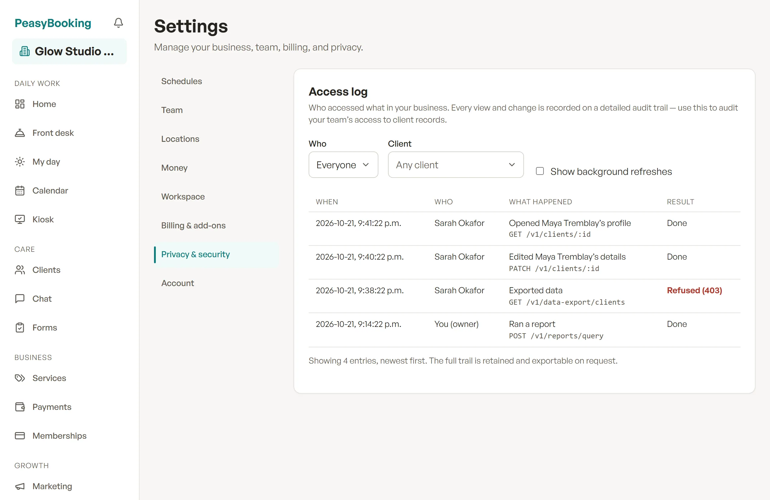 Settings, Privacy & security: the Access log with Who and Client filters, a Show background refreshes checkbox, and rows written as sentences such as Opened a client's profile, Edited a client's details, and Exported data marked Refused (403).