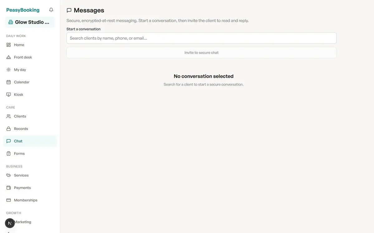 The secure messaging inbox with conversation list, thread, and client context.