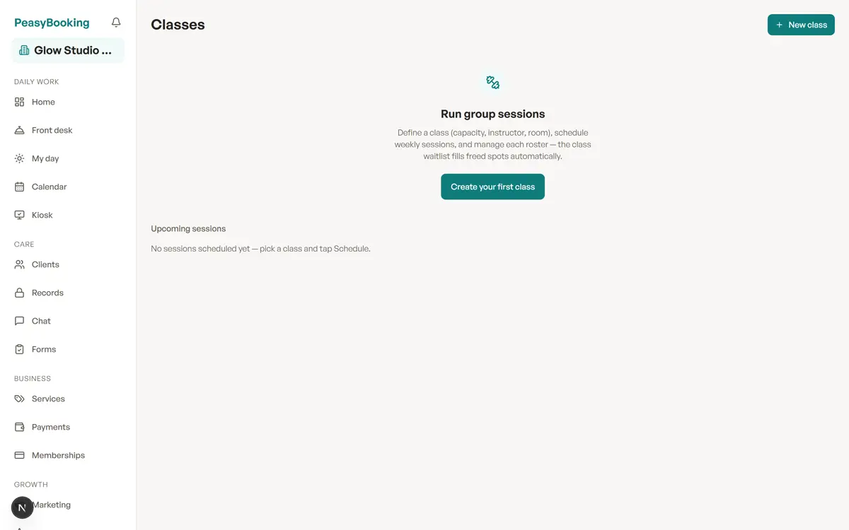 The Classes page explaining group sessions with a Create your first class button.