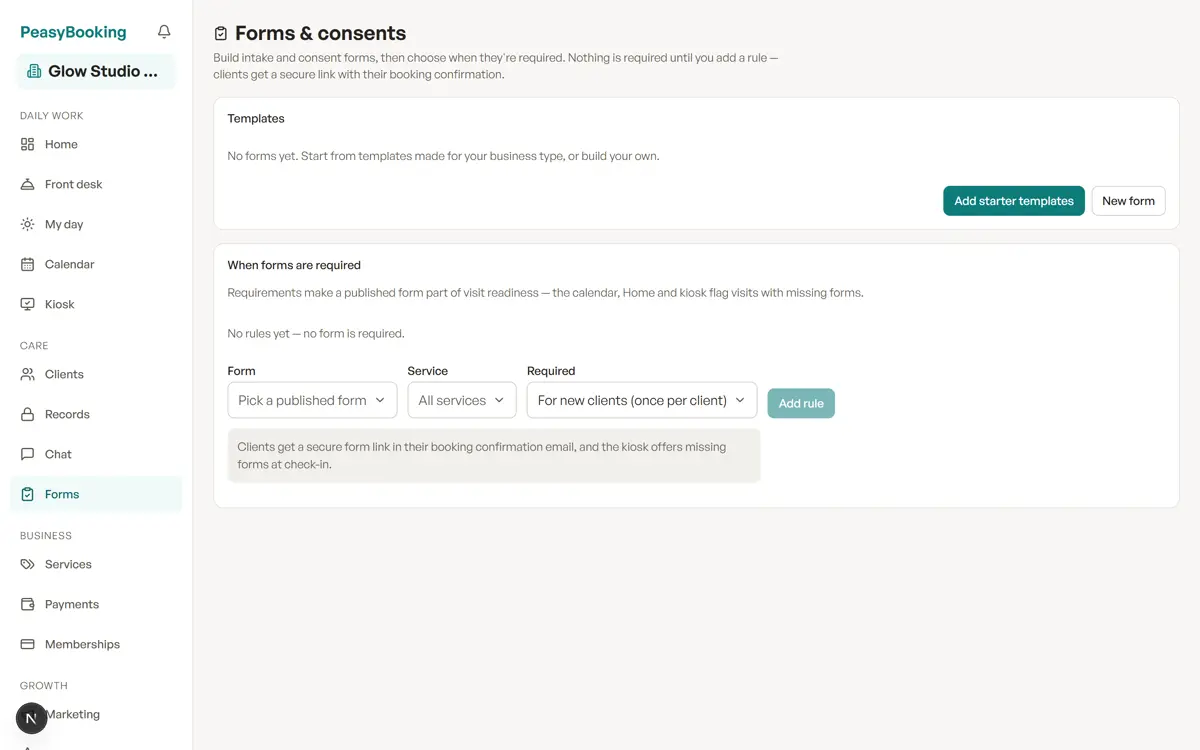 The Forms page for building intake forms and consent documents.
