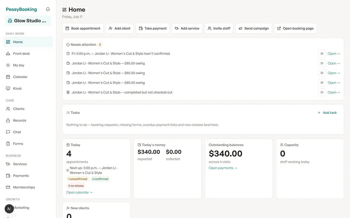 The Home dashboard: quick actions, a needs-attention list, tasks, and today's numbers.