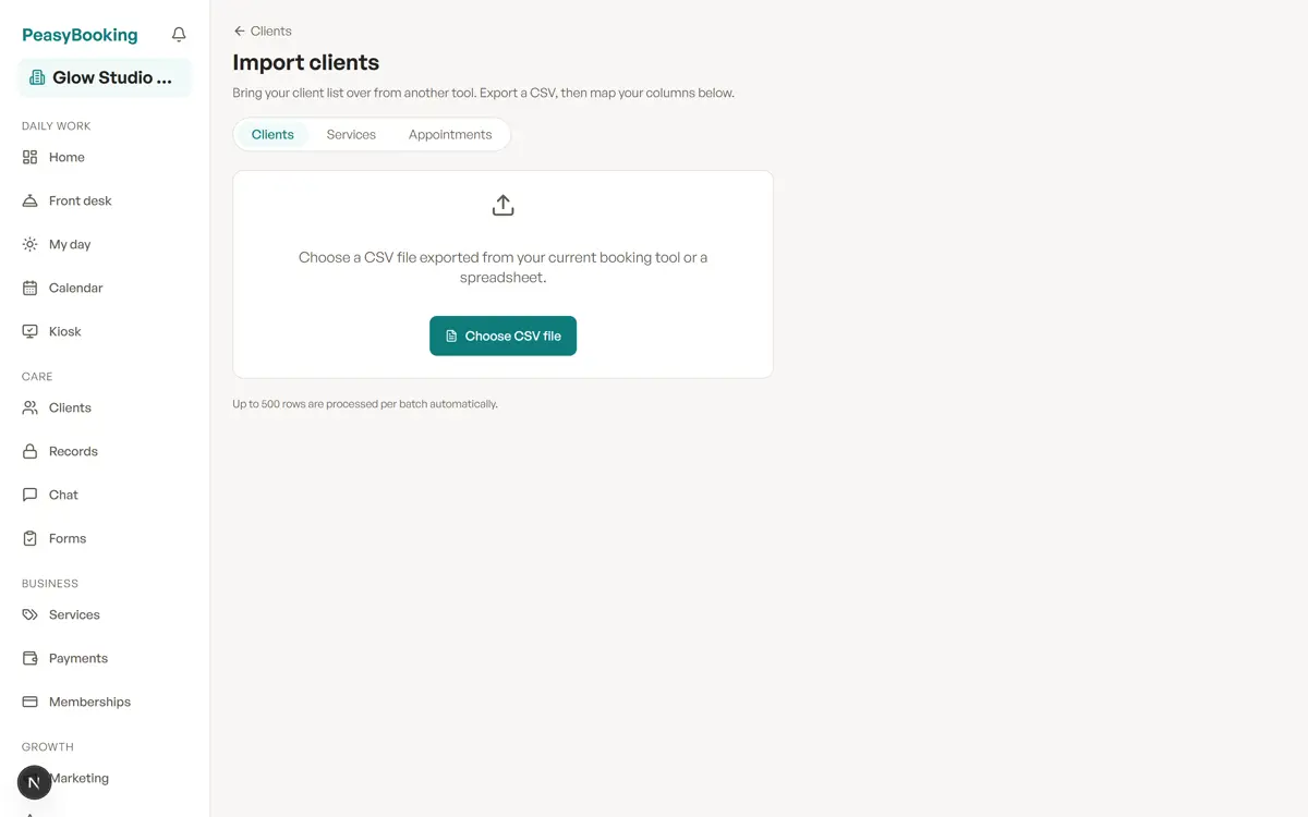 The Import page for bringing clients over from a CSV or from Jane and Fresha.