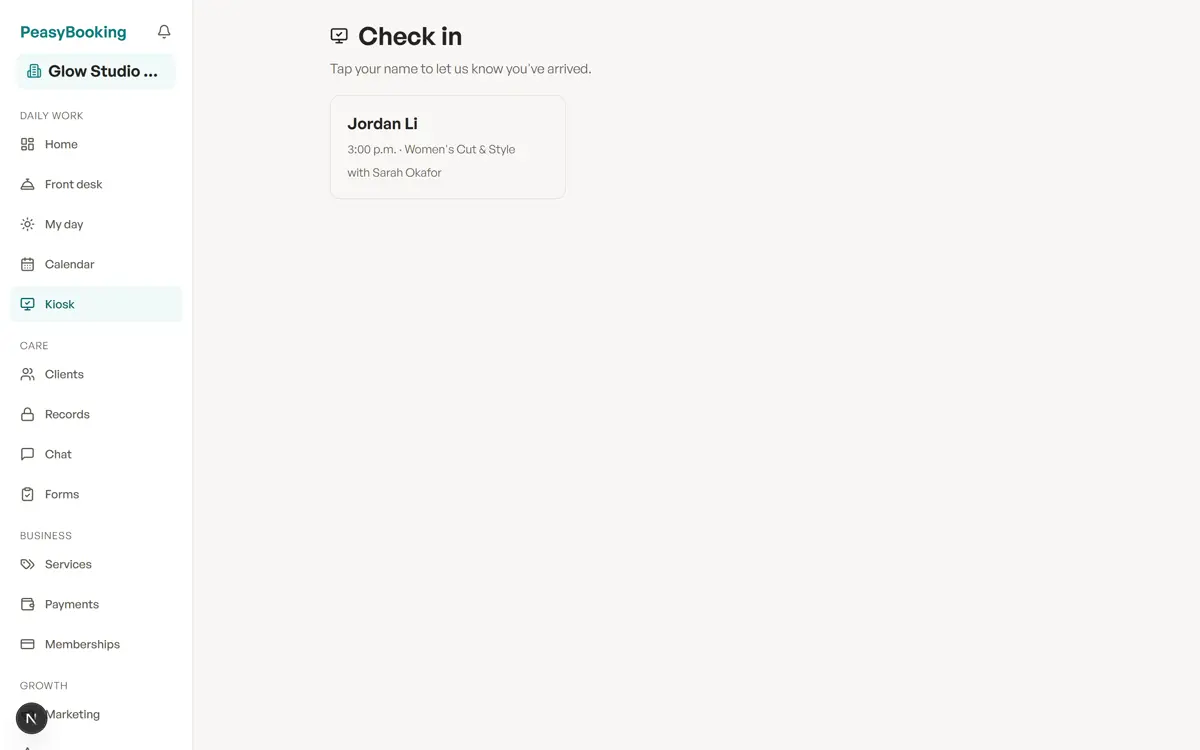 The kiosk self check-in screen for a tablet in the waiting room.