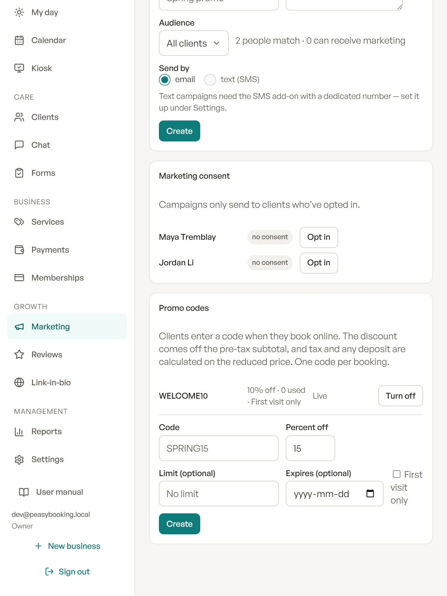 The promo codes card on the Marketing page with fields for the code, percent off, usage limit and expiry.