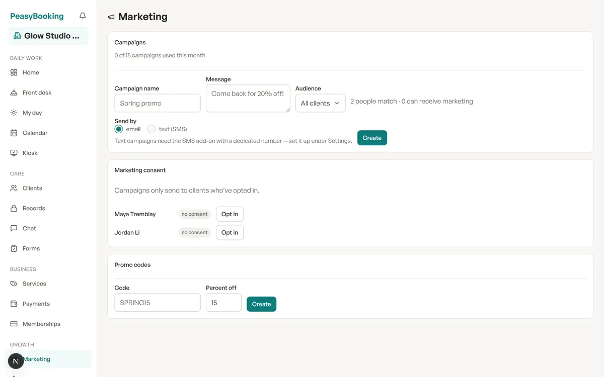 The Marketing page for composing an email campaign and picking an audience.