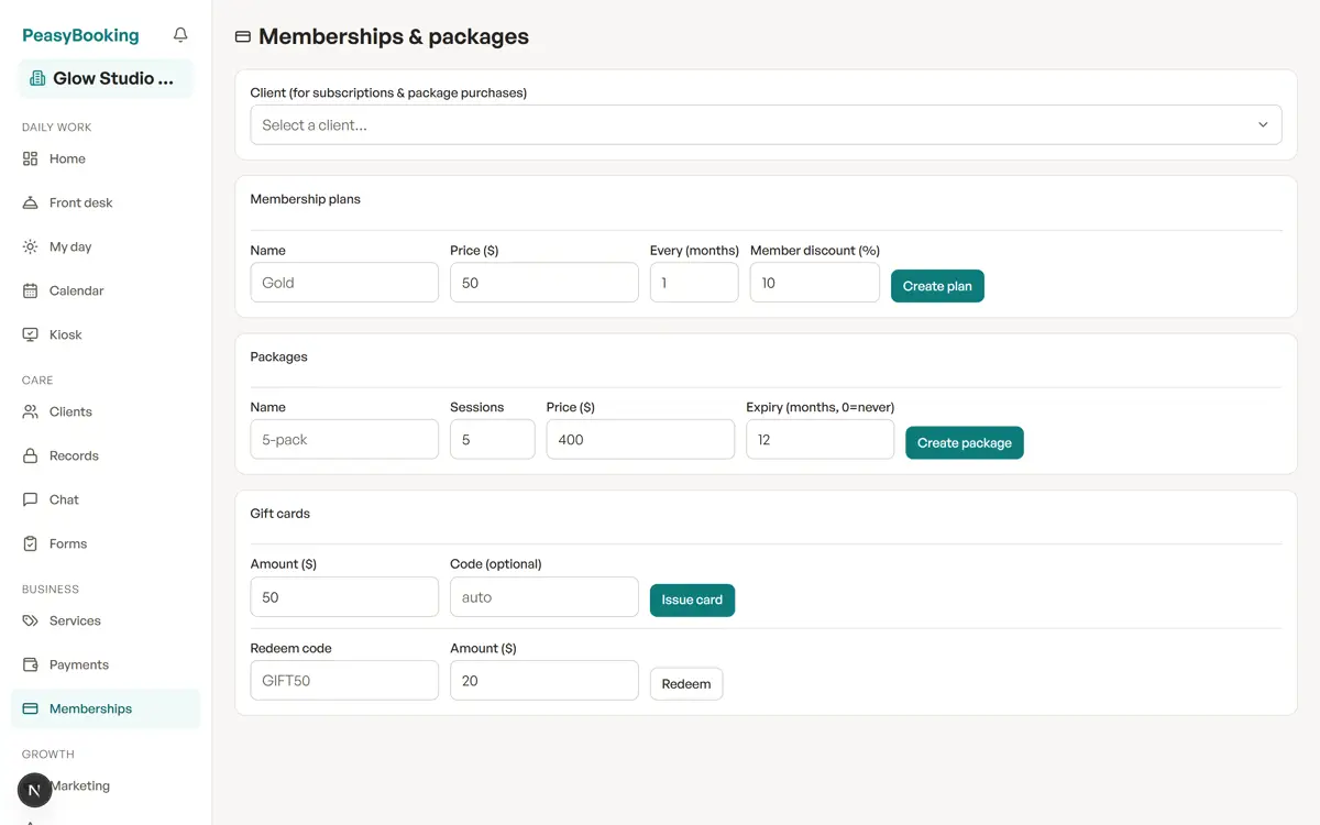 The Memberships page for recurring memberships, prepaid packages, and gift cards.