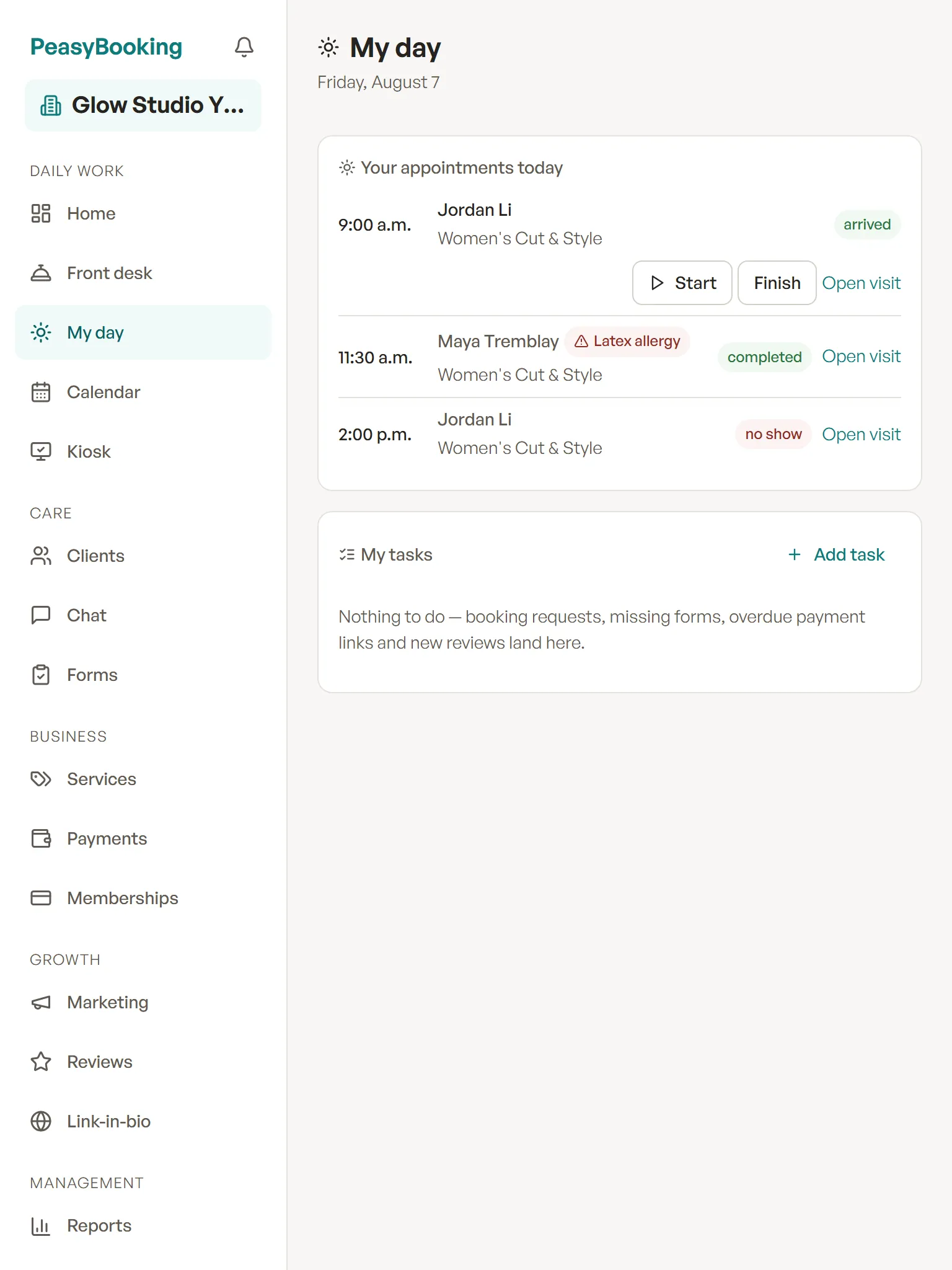 The My day page listing one practitioner's appointments with Start, Finish and Open visit actions, plus a personal task list.