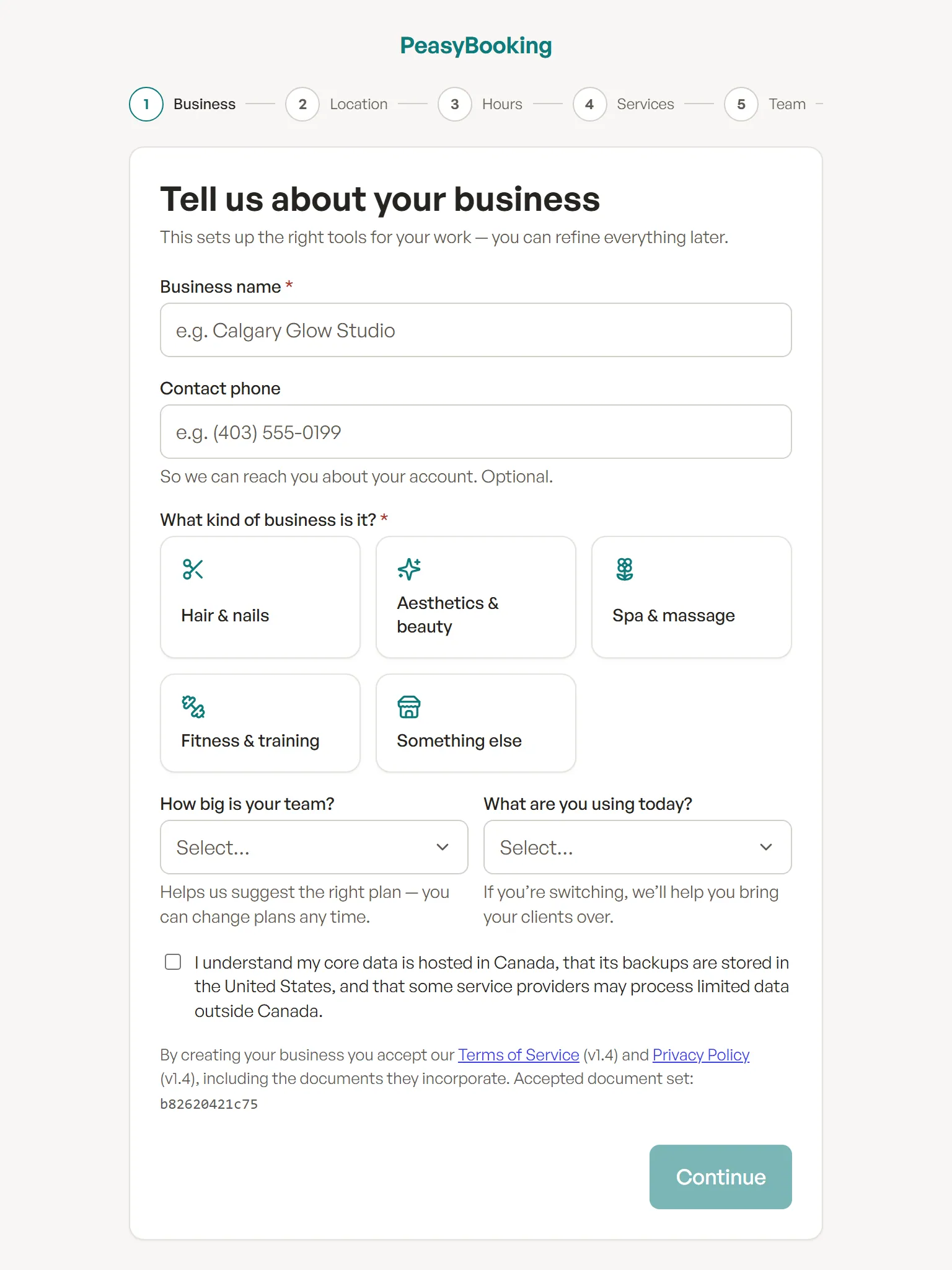 The guided setup wizard's first step asking about your business, with the eight-step progress bar across the top.