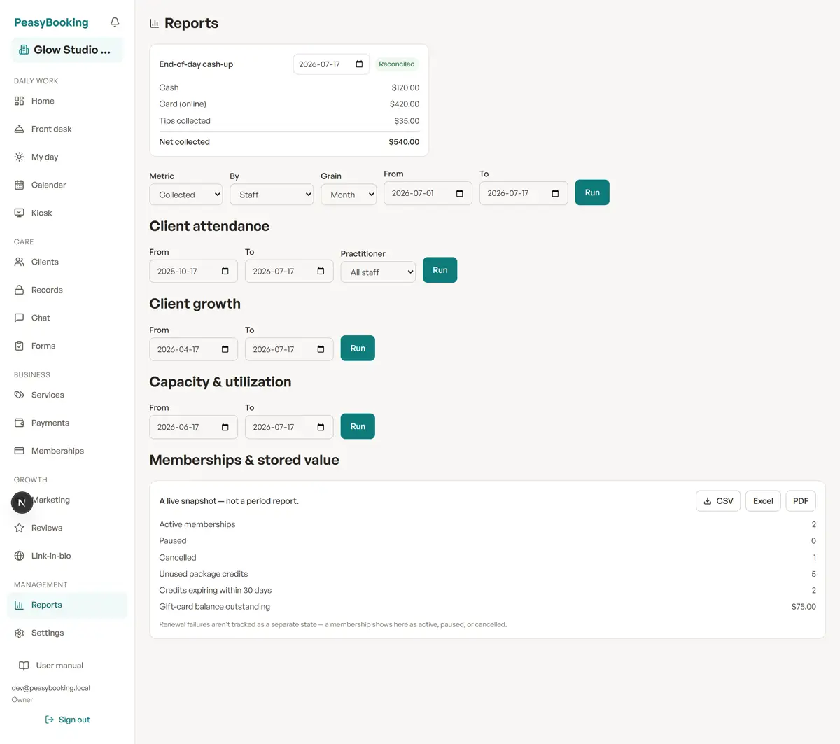 The Reports page with money, growth, capacity, and membership analytics.