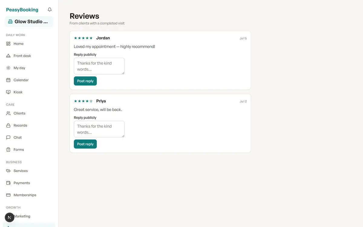 The Reviews page listing client star ratings and comments.