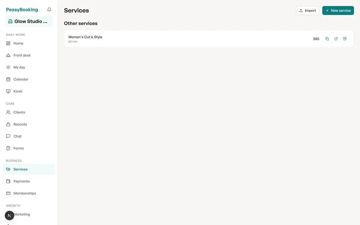 The Services page listing services with durations and prices.