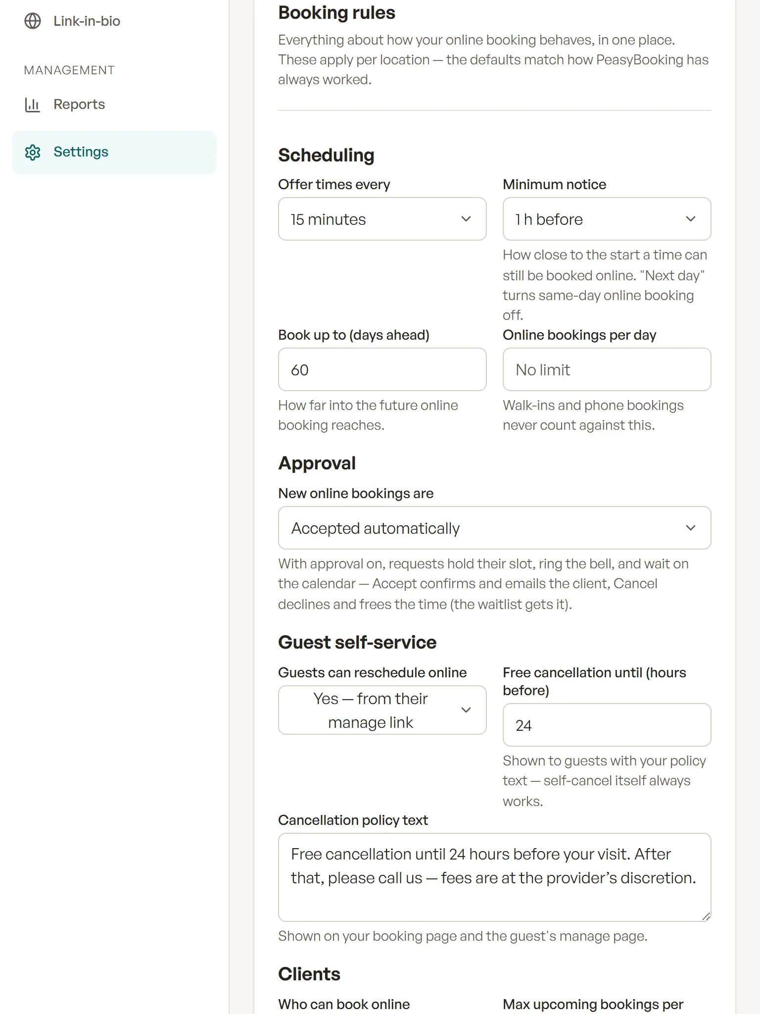 The booking rules panel in Settings with scheduling, approval, guest self-service, client and waitlist controls.
