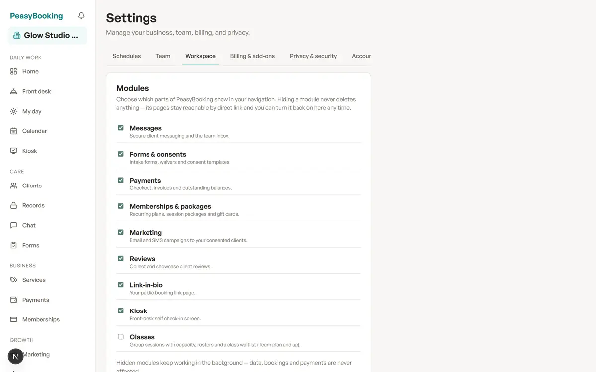 The Settings Workspace tab for toggling navigation modules and vocabulary.