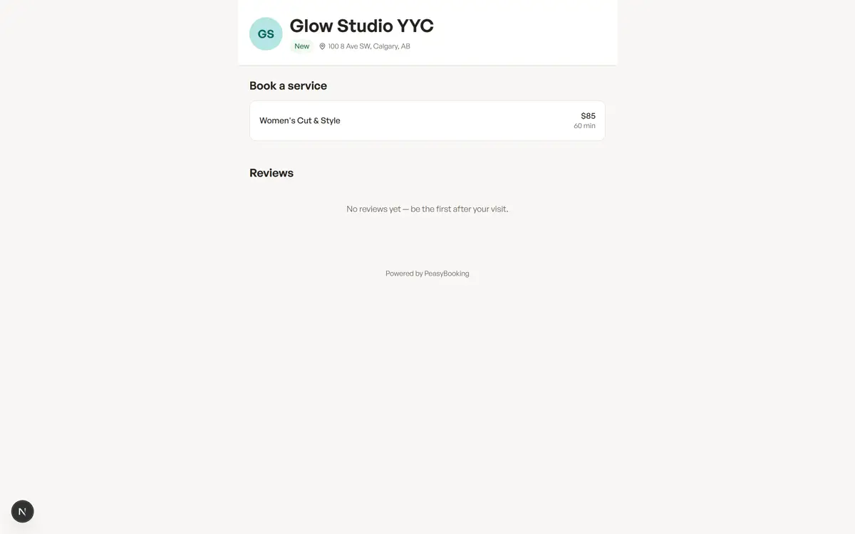A public booking page showing the business, its services, and a Book now button.