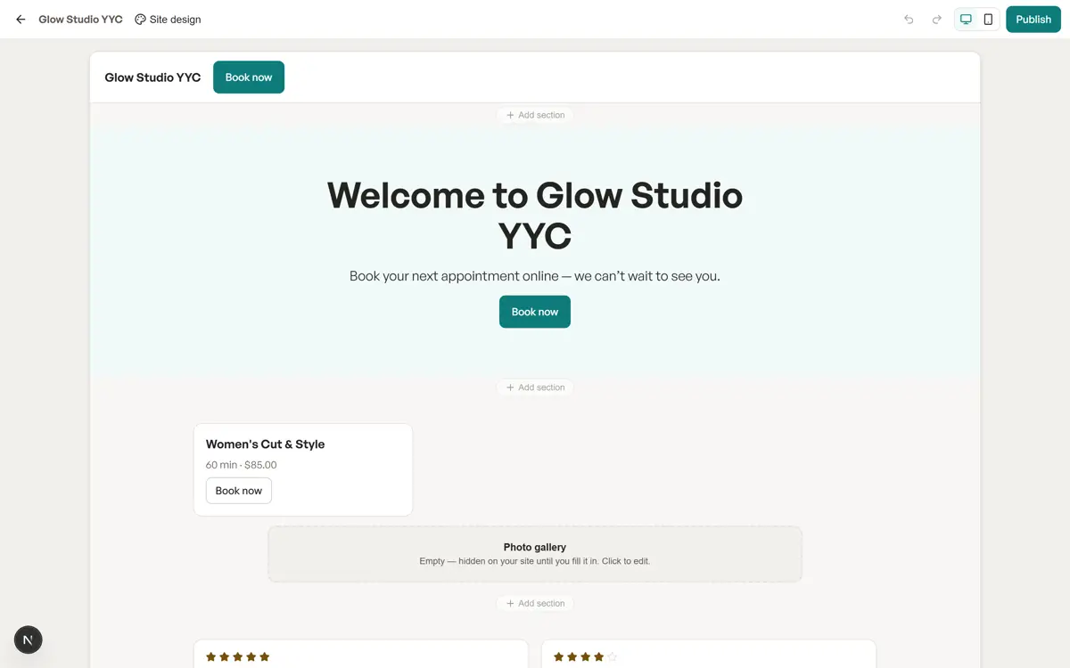 The Website Studio editor composing a site with drag-and-drop sections on a canvas.
